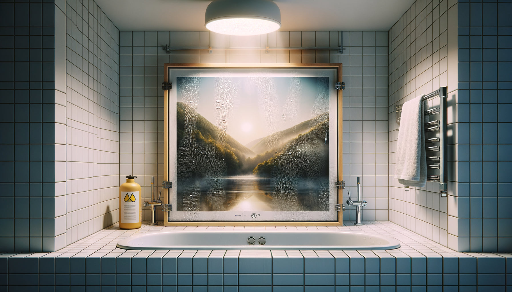 Tableau protégé contre l'humidité dans salle de bain moderne avec cadre étanche et système de ventilation visible