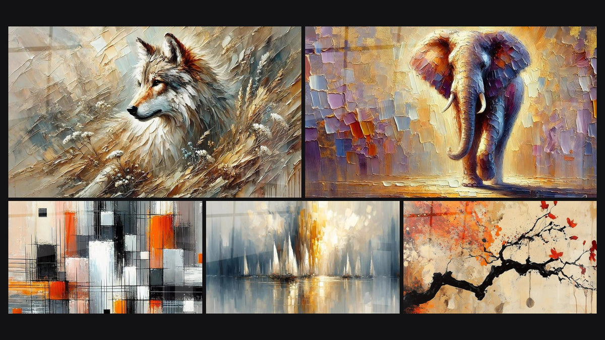 Mosaico di cinque quadri, tra cui Echo della Foresta, Colosso di Luce e Meccanica dei Colori