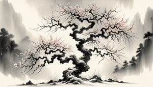 Peinture traditionnelle à l'encre d'Asie orientale représentant un prunier aux branches noueuses fleuri en hiver, symbolisant la résilience