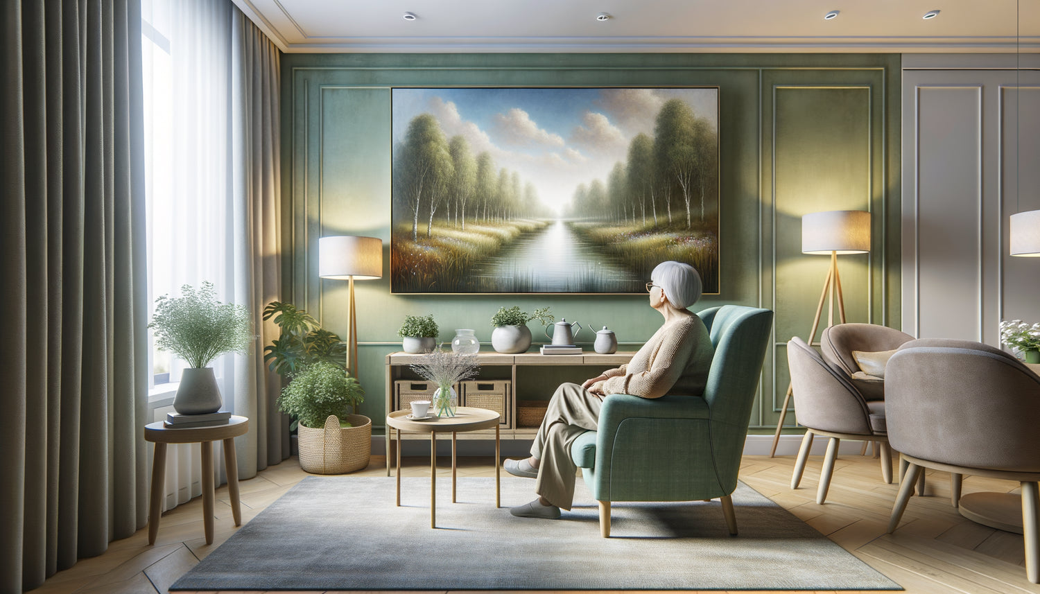 Senior contemplant un tableau apaisant dans une chambre gérontologique aux couleurs thérapeutiques douces