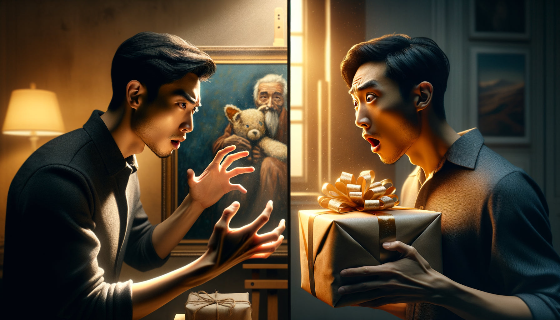 Composition photographique illustrant la dualité psychologique entre choisir activement une œuvre d'art et la recevoir en cadeau
