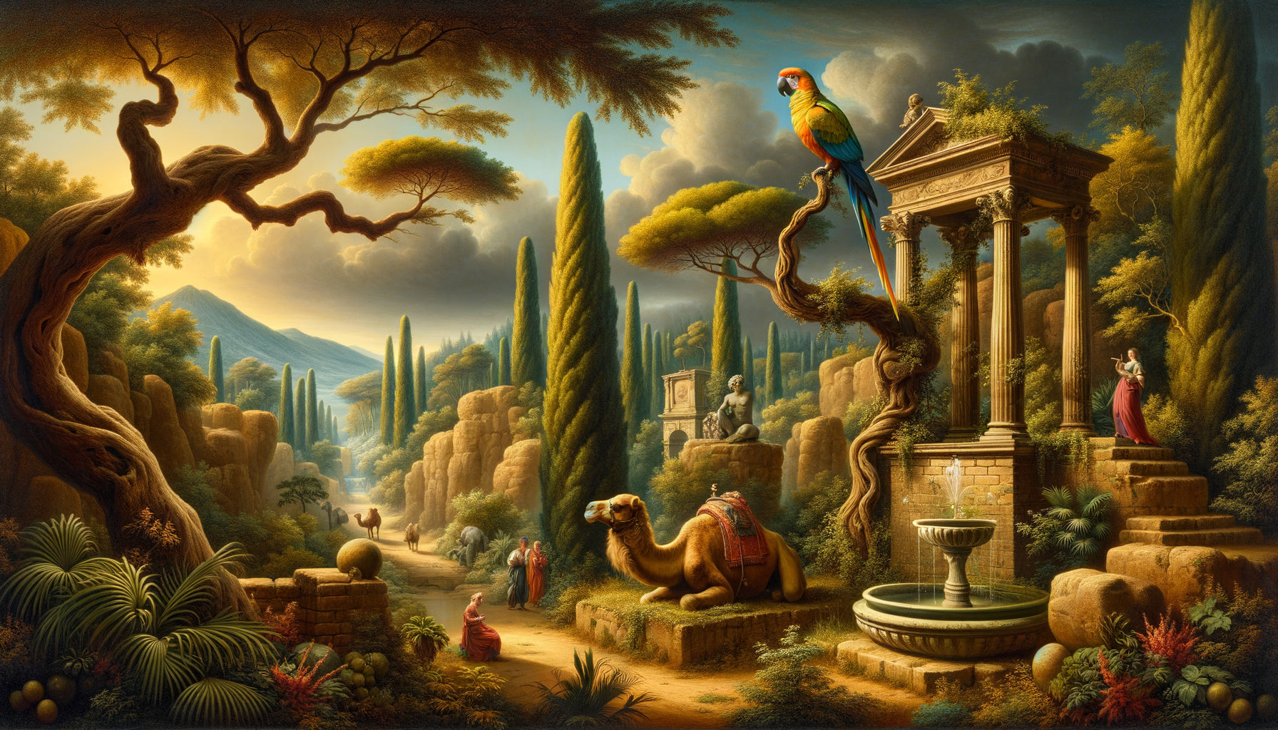 Paysage italianisant du Siècle d'Or hollandais style Adam Pynacker avec chameau et perroquet exotiques parmi ruines romaines