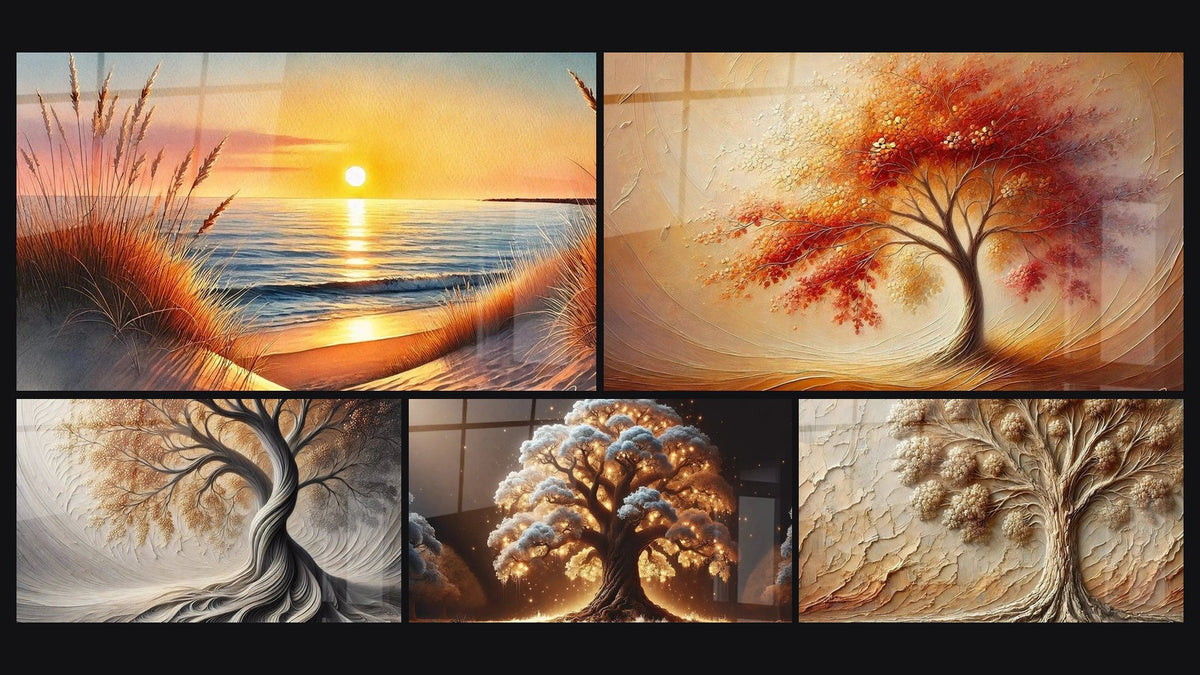 Mosaïque de cinq tableaux, dont Quand le Jour S’endort, Souffle de la Terre et Danse des Saisons