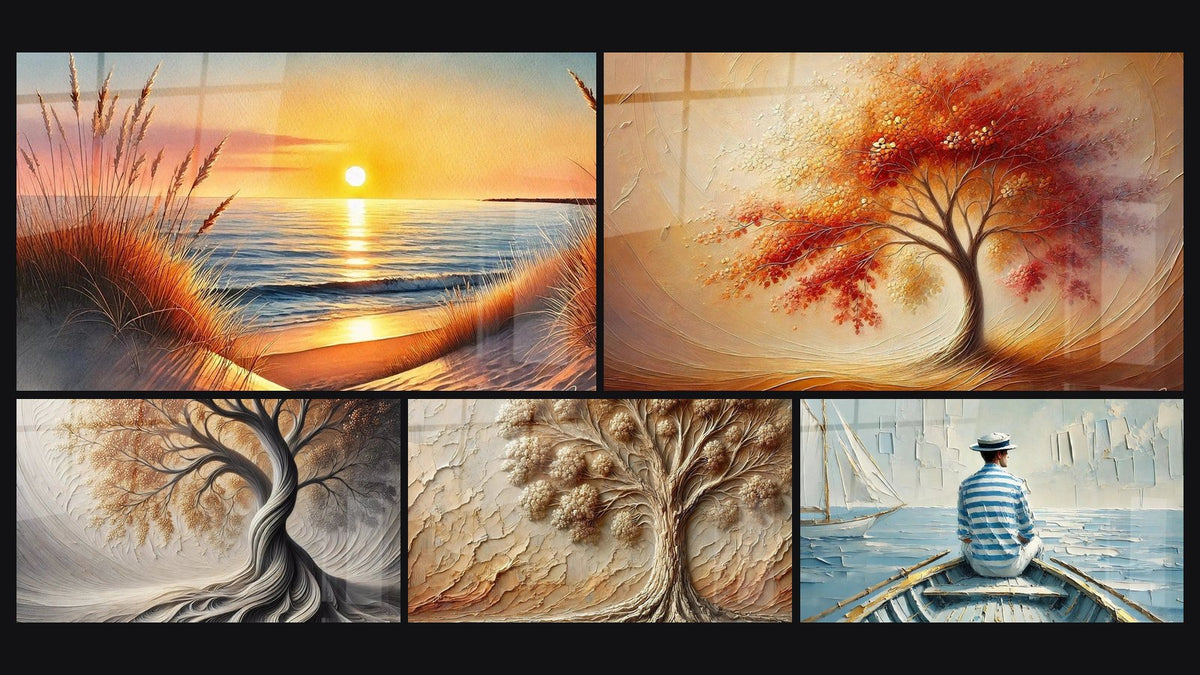 Mosaico di cinque quadri, tra cui Quando il Giorno S'addormenta, Respiro della Terra e Danza delle Stagioni