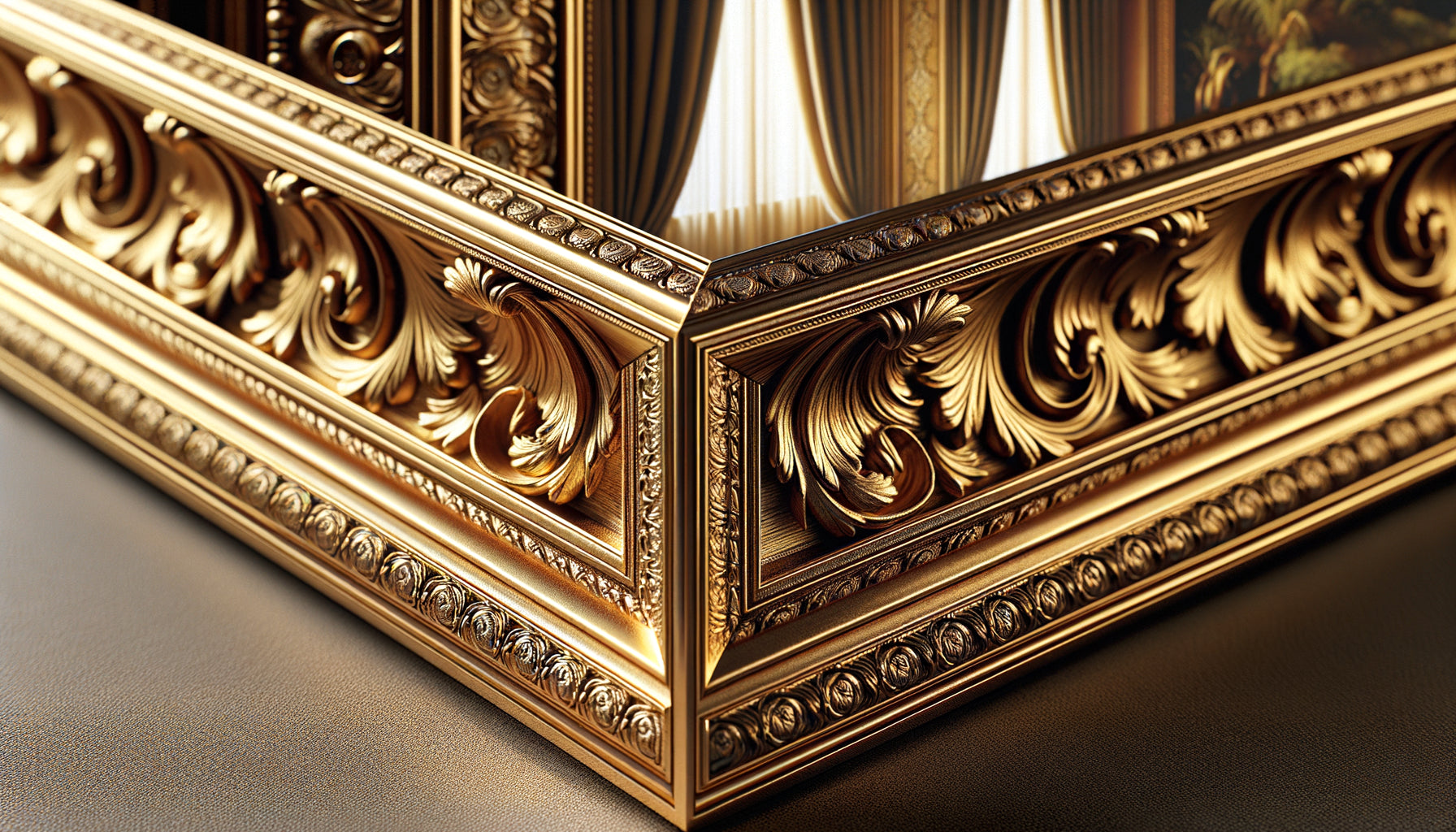 Gros plan sur l'assemblage parfait d'un angle de cadre doré baroque pour hôtellerie de luxe