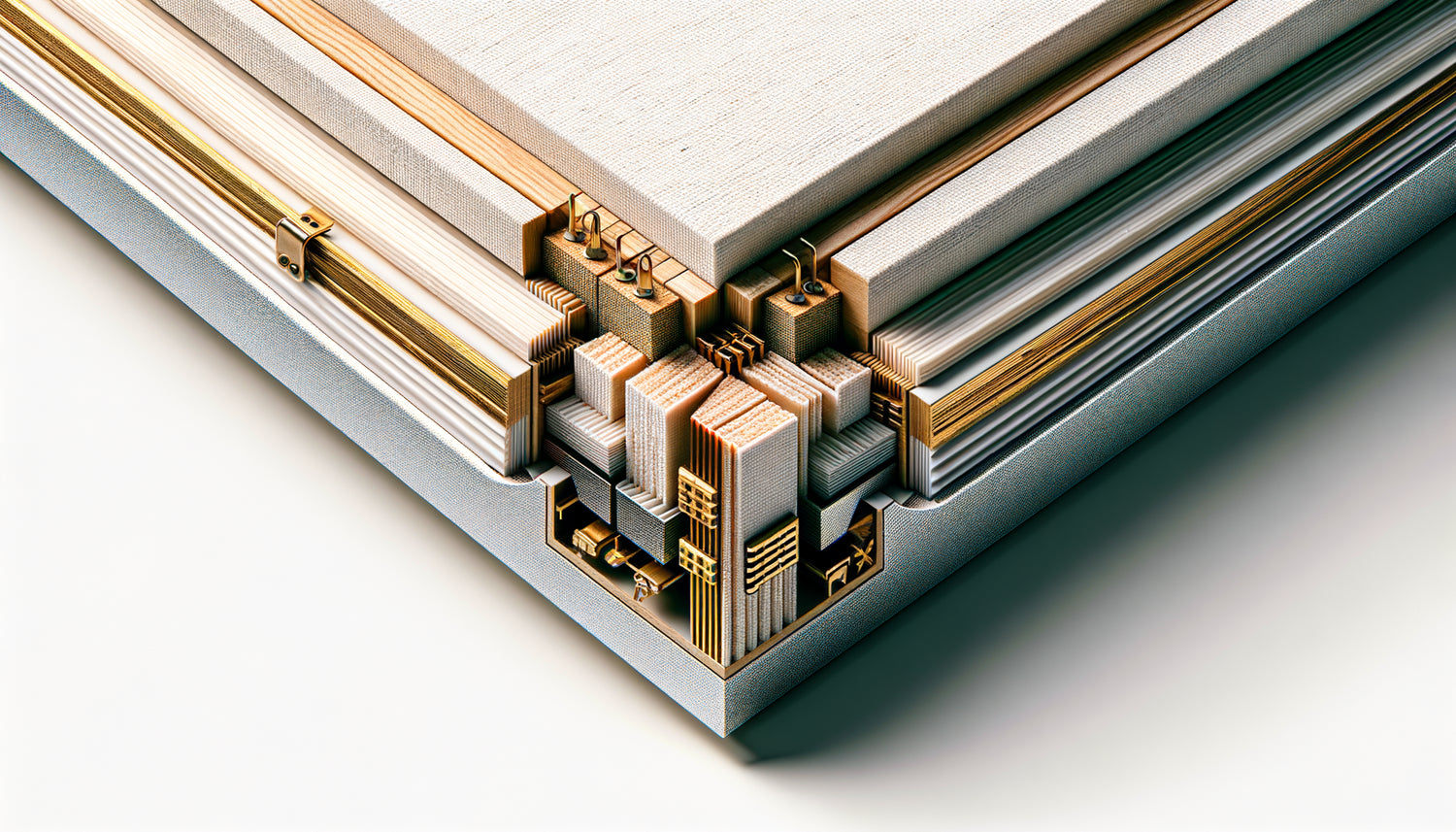 Gros plan détaillé d'une toile imprimée de qualité montrant texture canvas, finitions professionnelles et détails techniques