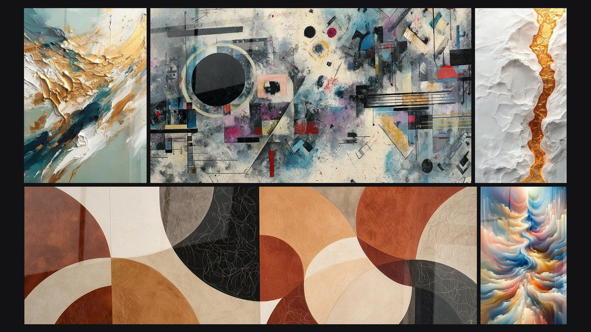 Mosaic of five paintings, including Golden Flux and Reflux, Abstract Geometric Composition and Resonance of Celestial Hues