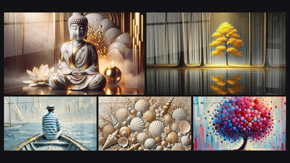 Mosaic of five paintings, including Marbled Peace, The Art of Water and Jewels of the Sands