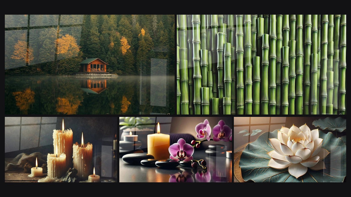 Mosaic of five paintings, including Cabin Artwork No. 1, Whispers of the Flame and Luminous Fragility
