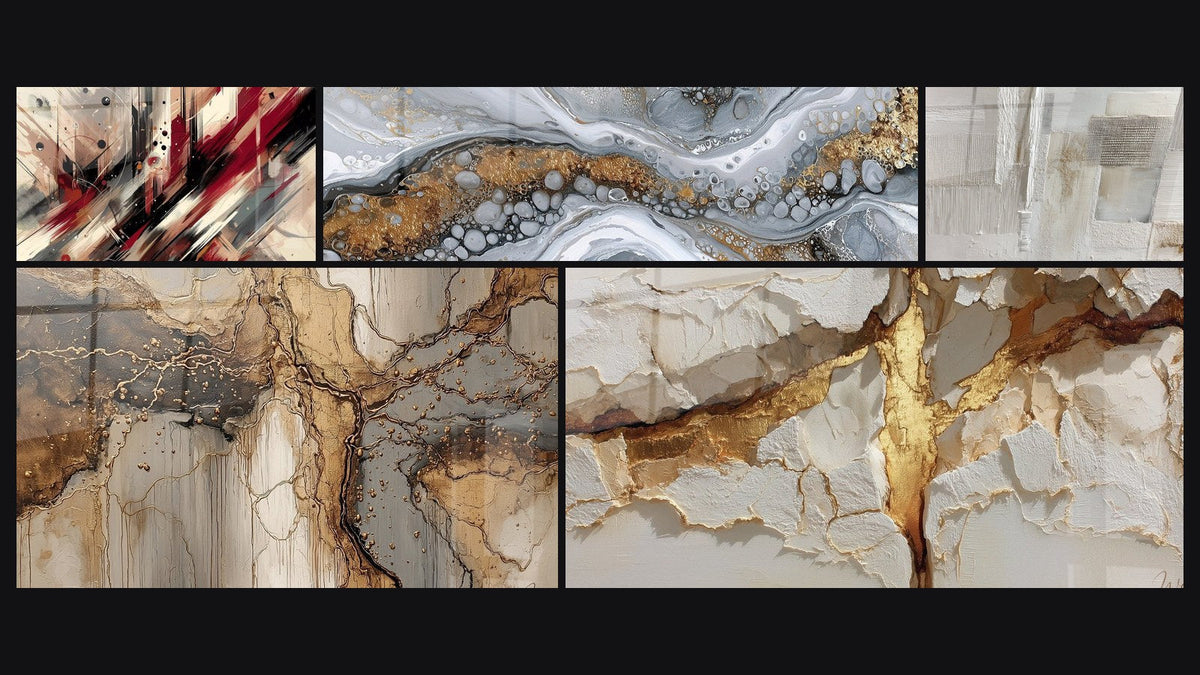 Mosaic of five paintings, including Artistic Turbulence and Fluid Abstract Wall Art Gray and Gold