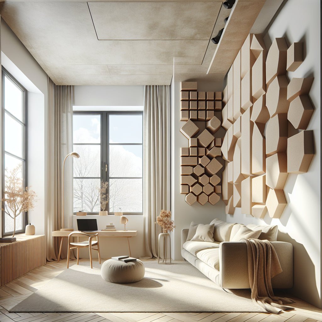 Panneaux acoustiques design sculptural installés mur salon moderne télétravail décoration intérieure contemporaine