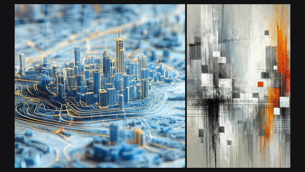 Two paintings side by side: City Dream Steel Blue and City Lines