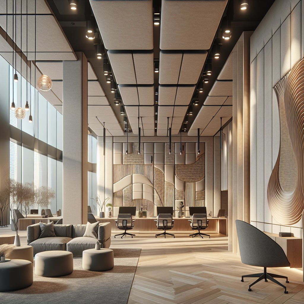 Panneaux acoustiques design sculpturaux intégrés dans un intérieur moderne avec éclairage naturel et mobilier contemporain