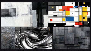 Mozaïek van vijf schilderijen, waaronder Geometrisch gekleurde compositie en Abstract geometrisch grijs kolen zwart