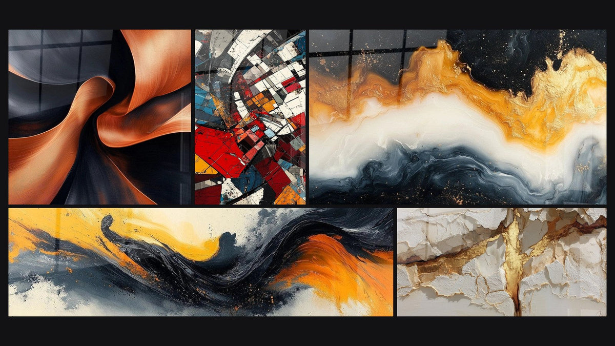 Mosaic of five paintings, including Sculptural Momentum Copper, Contrasted Symphony Black and Architectural Revolution Modern