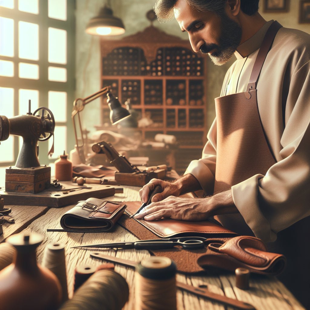 Mains d'artisan travaillant cuir luxe atelier tradition savoir-faire maroquinerie haut-de-gamme artisanat
