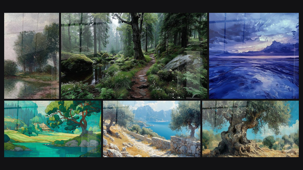 Mosaico di sei quadri, tra cui Fiume tranquillo, Paesaggio fiume e Sentiero boscoso nebbioso
