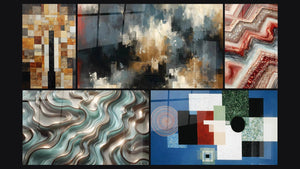 Mozaïek van vijf schilderijen, waaronder Etherische Curves, Georganiseerde Chaos en Geometrisch Fusie