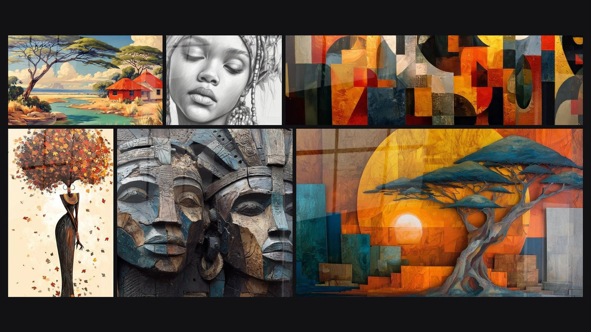 Mosaic of six paintings, including Village Red Earth Roofs, Abstract Geometric and African Carved Mask Faces