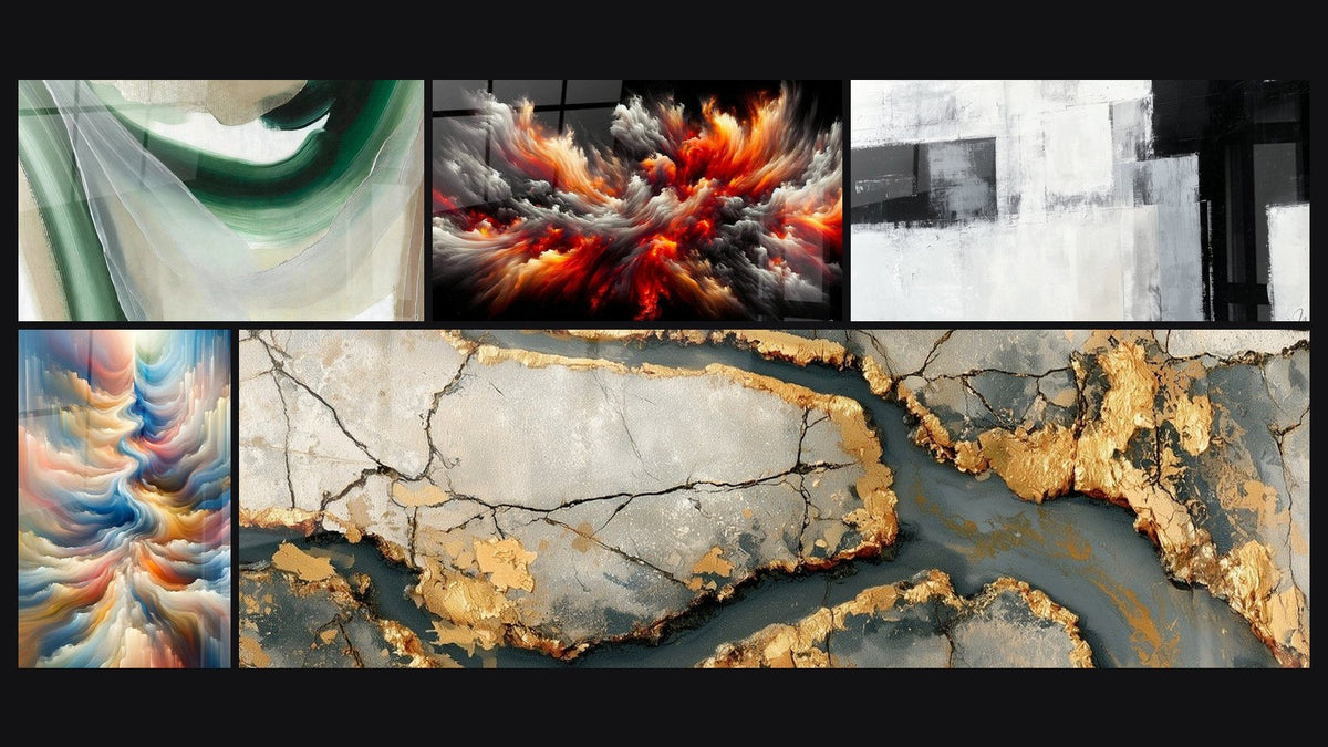 Mosaic of five paintings, including Emerald Silk, Resonance of Celestial Hues and Solar Storm Abyss