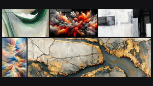 Mosaico de cinco cuadros, entre ellos Seda Esmeralda, Resonancia de Tonos Celestes y Tormenta Solar Abisal