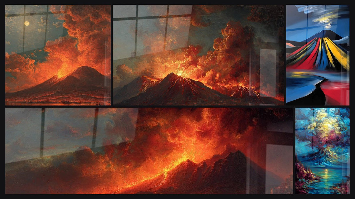 Mosaico di cinque quadri, tra cui Eruzione vulcanica notturna, Di eruzione vulcanica apocalittica e Eruzione vulcanica