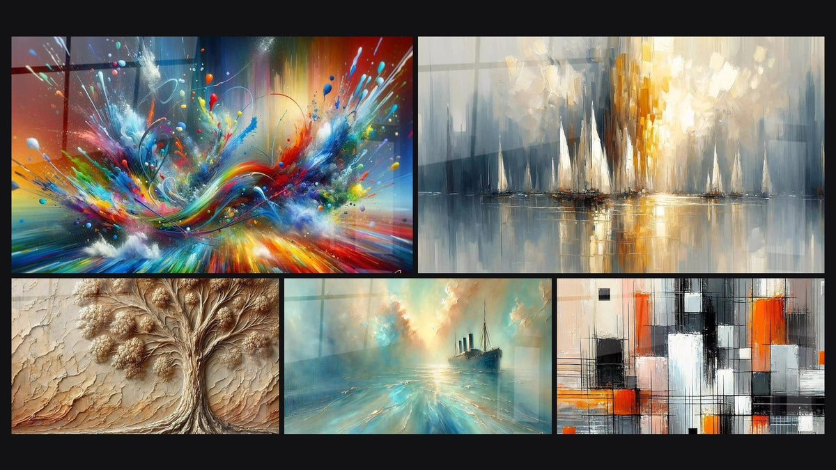 Mosaïque de cinq tableaux, dont Big Bang Artistique Éclatant, Arbre d'Antan et Au Cœur de la Brise