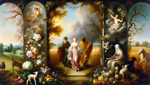 Peinture baroque flamande représentant les quatre saisons comme allégorie des âges de la vie, du printemps enfantin à l'hiver contemplatif