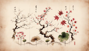 Peinture zen japonaise traditionnelle représentant les quatre saisons : cerisiers, lotus, érables rouges et branches hivernales en encre sumi-e
