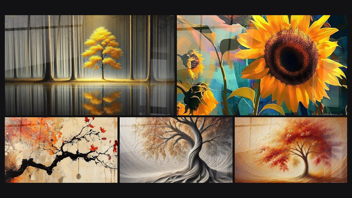 Mosaik aus fünf Gemälden, darunter Baum Ewige Ruhe, Sonnenblumen-Bild Nr. 1 und Atem der Erde