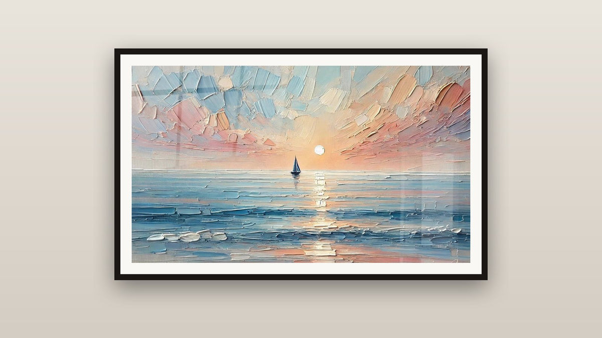 Ingelijst schilderij aan een muur: Reis in de Schemering