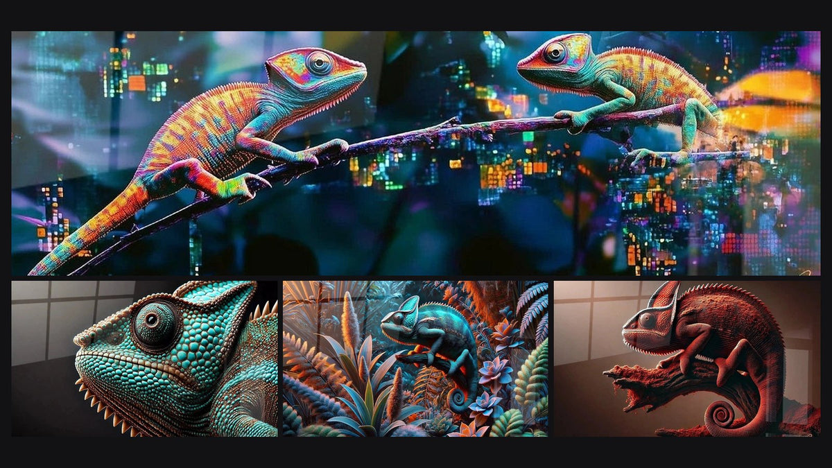 Mosaic of four paintings, including The Chameleon's Eye, The Art of Discretion and Scarlet Guardian