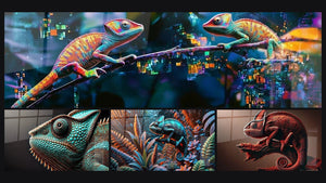 Mozaïek van vier schilderijen, waaronder Kameleontafel holografische bewakers, De Kameleonogen en De Kunst van Discretie