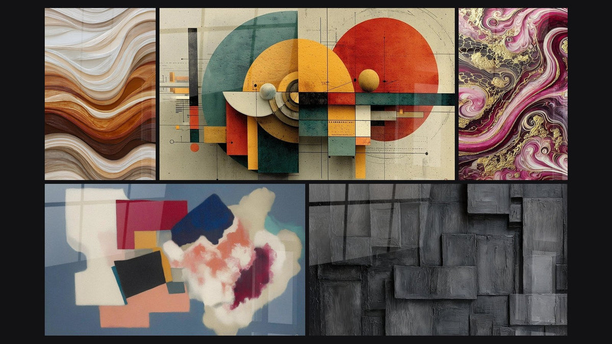 Mosaic of five paintings, including Geometric Forms Square Poetry, Geometric Circular Revolution and Purple Flames