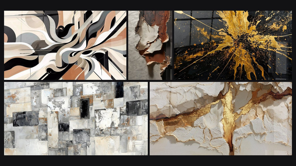 Mosaic of five paintings, including Graphical Vibrations and Abstract Mosaic Wall Art Grey and Beige