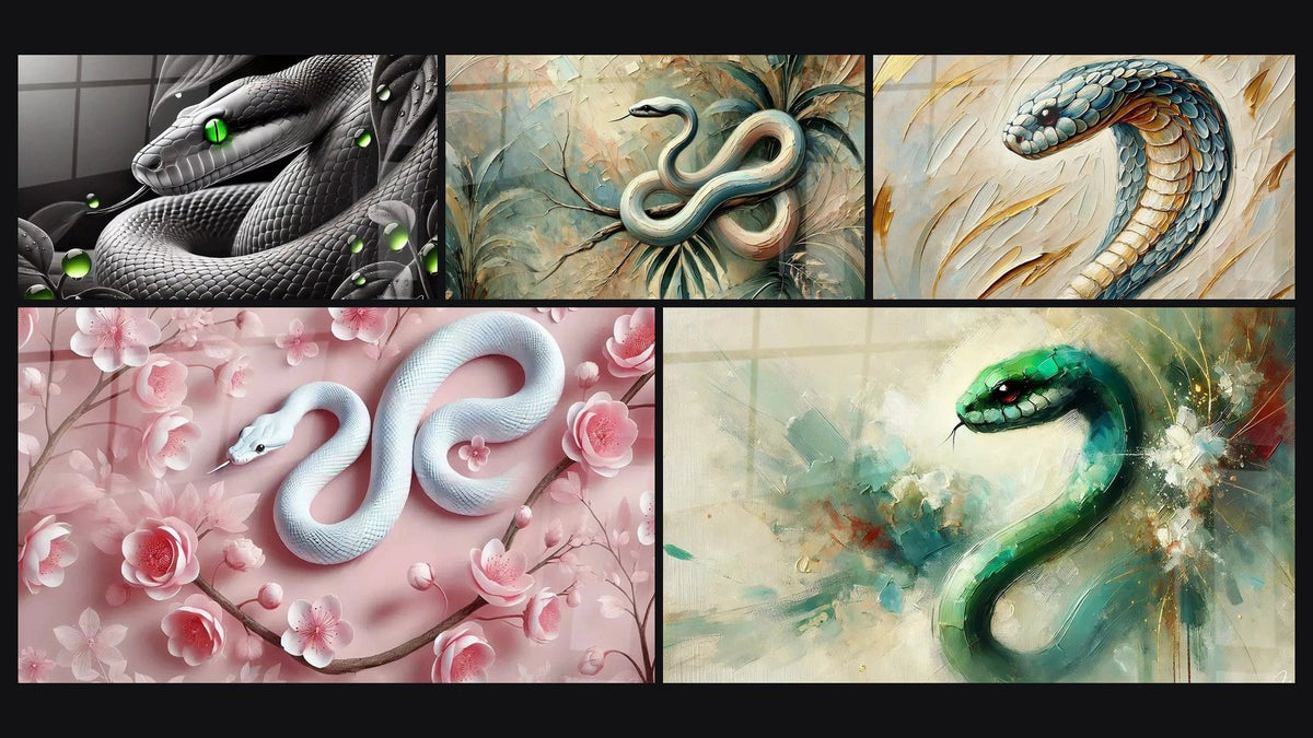 Mosaico de cinco cuadros, entre ellos El Silencio de la Serpiente, El Jardín de la Serpiente y Guardián del Oro Azul