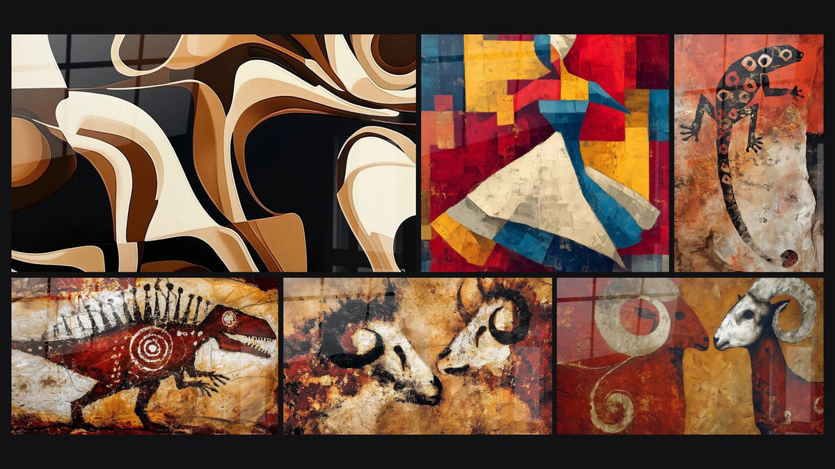 Mosaic of six paintings, including African Forms Wall Art Sand Dance, Red Dinosaur and Primitive Bulls
