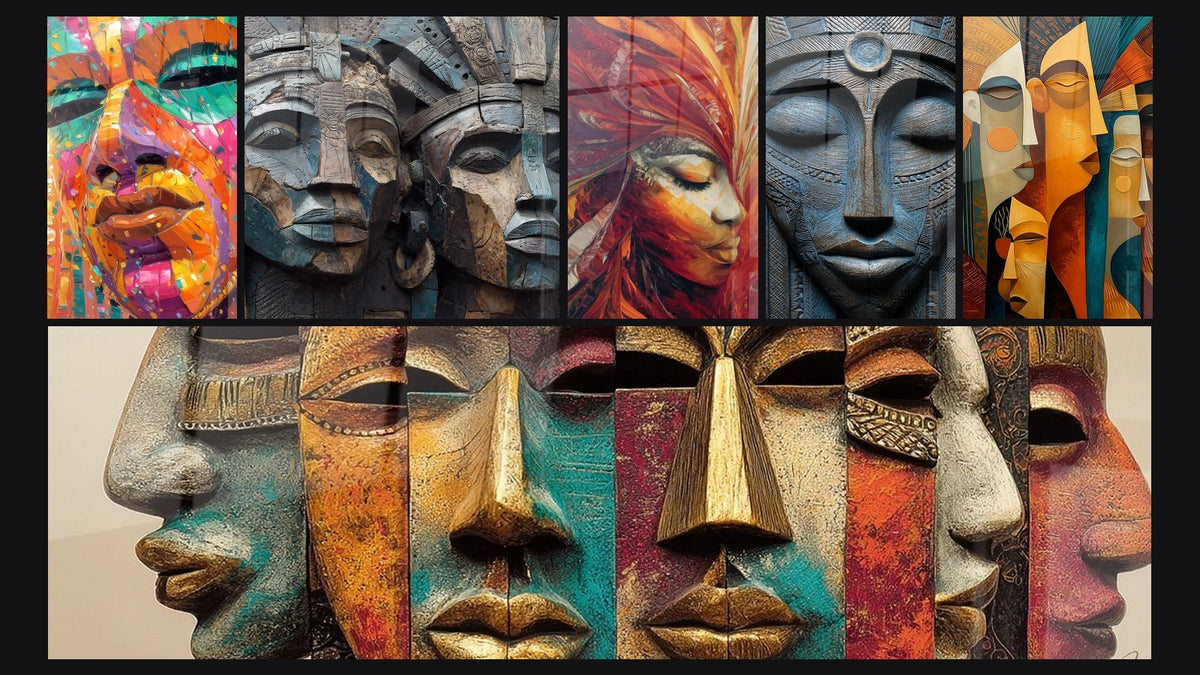 Mosaico de seis cuadros, entre ellos Rostro Oráculo Ancestral, Rostros máscaras africanas esculpidas y Rostro Curativo Tribal