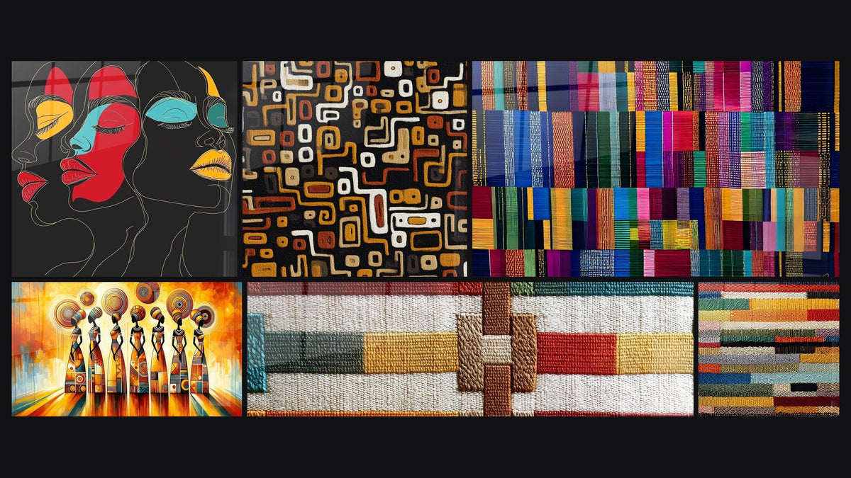 Mosaic of six paintings, including African Faces Wall Art Shared Secrets, Geometric Patterns and The Sun Guardians