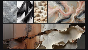 Mozaïek van vijf schilderijen, waaronder Gebroken Trajecten, Minimalistisch Gesculpteerd en Zijden Stromen