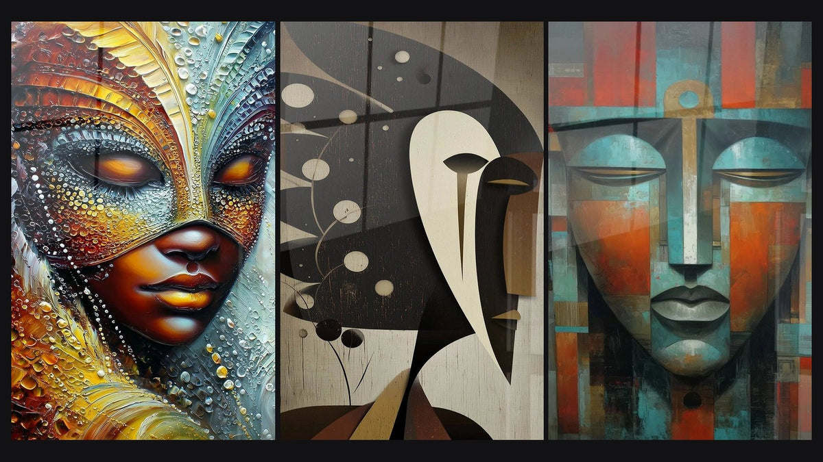 Mosaico de tres cuadros: Máscara Trance Espiritual, Rostro Patrimonio Africano y Rostro Enmascarado Genio Protector