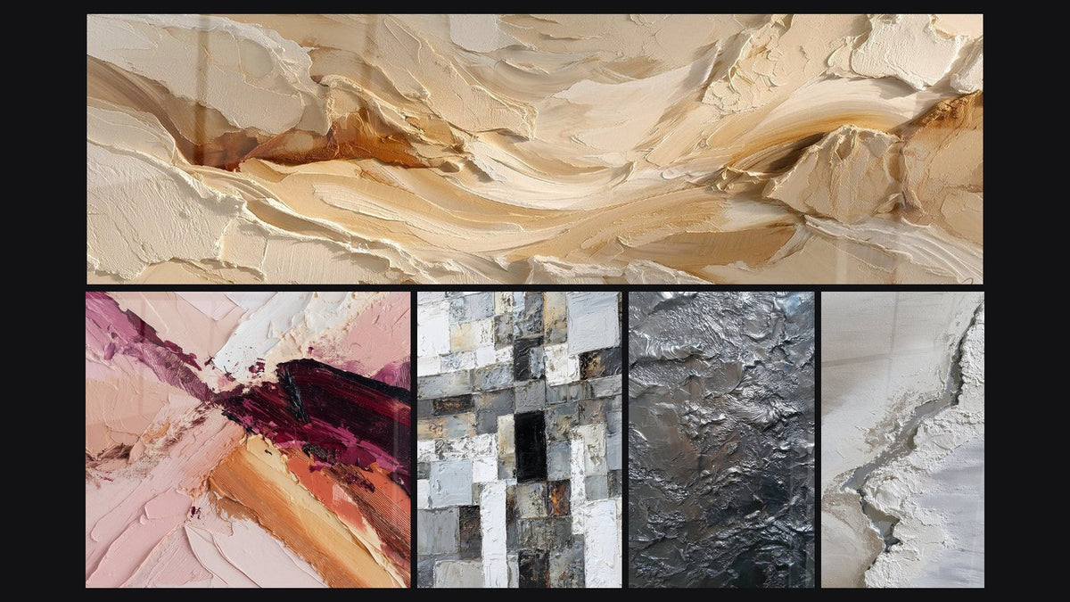 Mosaic of five paintings, including Abstract Gray and White Mosaic and Textured Silver Metallic Abstract Relief