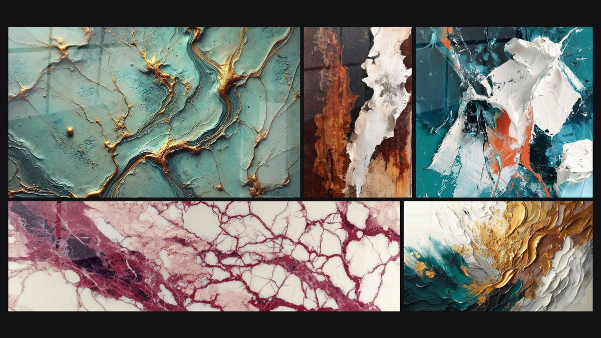 Mosaico di cinque quadri, tra cui Fiumi d'Oro e Venature porpora e crema su fondo ecru