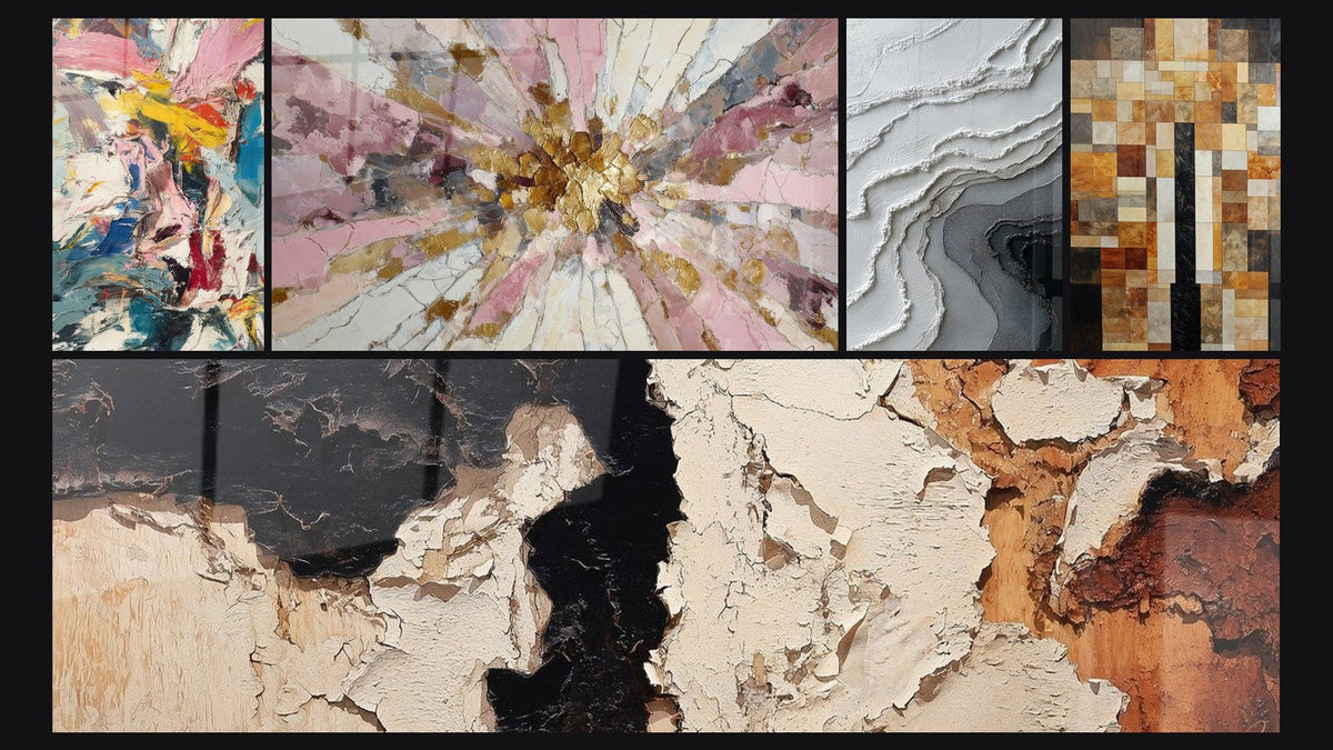 Mosaico de cinco cuadros, entre ellos Explosión de colores