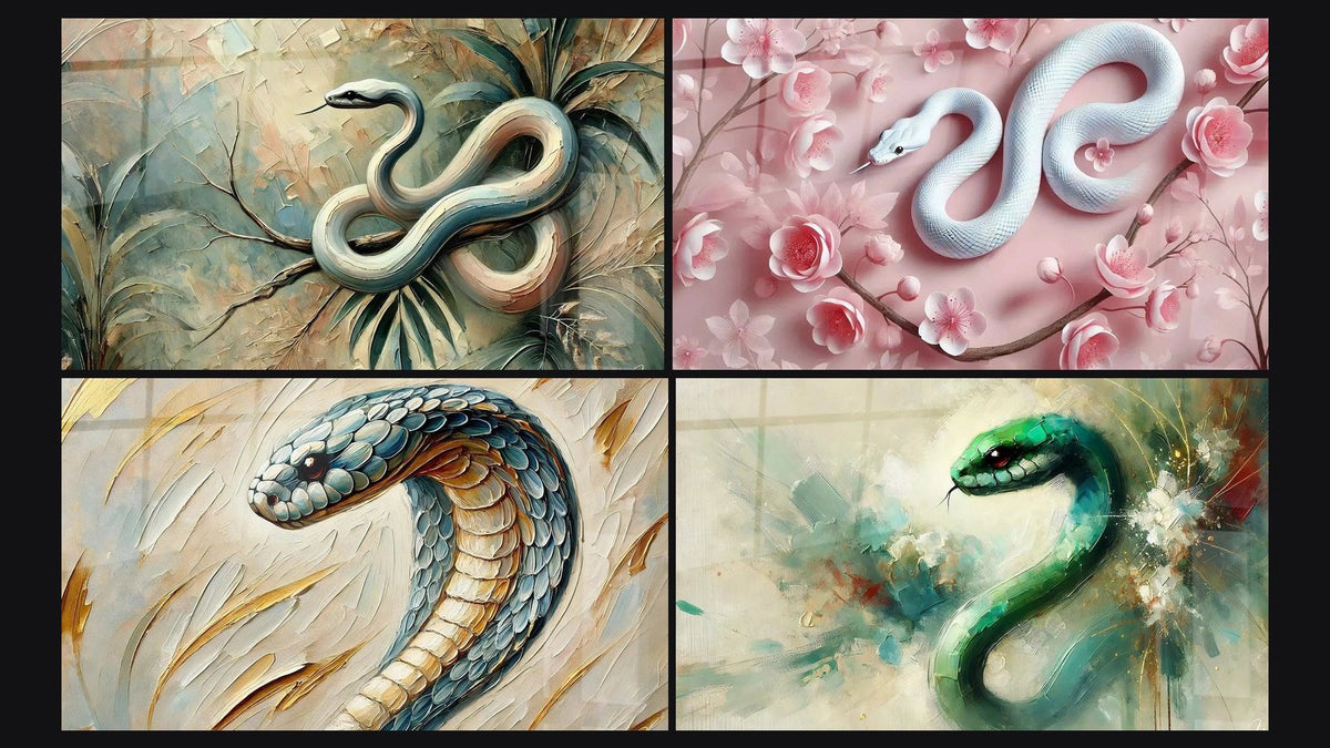 Mosaico de cuatro cuadros, entre ellos El Jardín de la Serpiente, Guardián del Oro Azul y Flores y Escamas