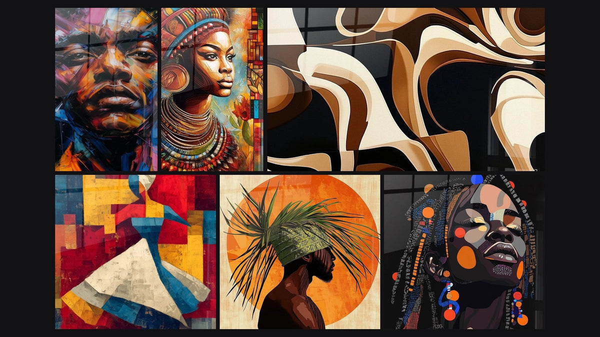 Mosaico di sei quadri, tra cui Ombre e bagliori per il viso, Tavolotta danzante Ngoma potente e Lo Splendore dell'Africa