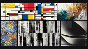 Mozaïek van vijf schilderijen, waaronder Tafel geometrische compositie, Tafel van kleurexplosie en Abstracte bol