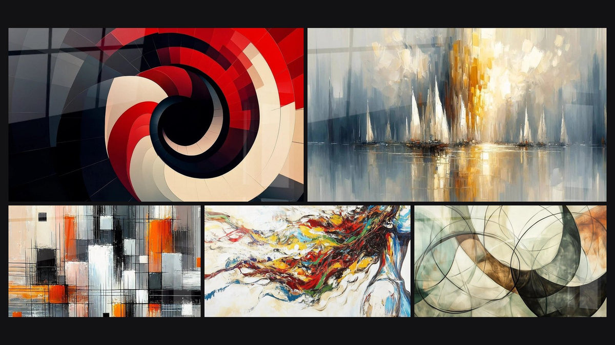 Mosaic of five paintings, including Red Geometric Spiral, Mechanics of Colors and Dawn Over the Bay