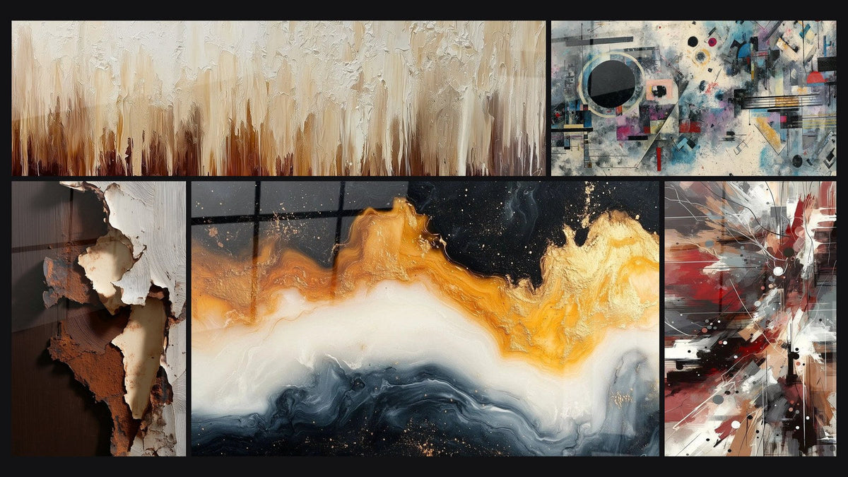 Mosaico di cinque quadri, tra cui Astratto cortecce e crepe bianche ocra, Marea Eterna Dorata e Rumore Dinamico Esplosivo
