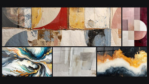 Mosaico de cinco cuadros, entre ellos Formas geométricas abstractas, Abstracto de Corrientes Coloridas y Marea Eterna Dorada